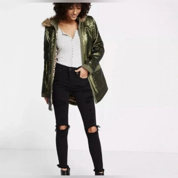 Express Green Sequin Parka With Fur Lining ✨ size Small‎ - Picture 1 of 13